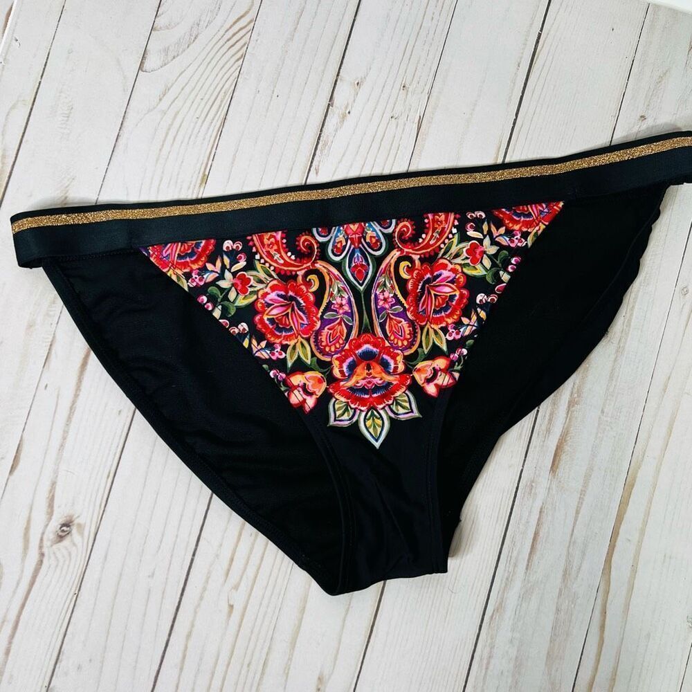 Time and Tru Women's Black Bikini Bottom Floral Print Gold Line Waist Large